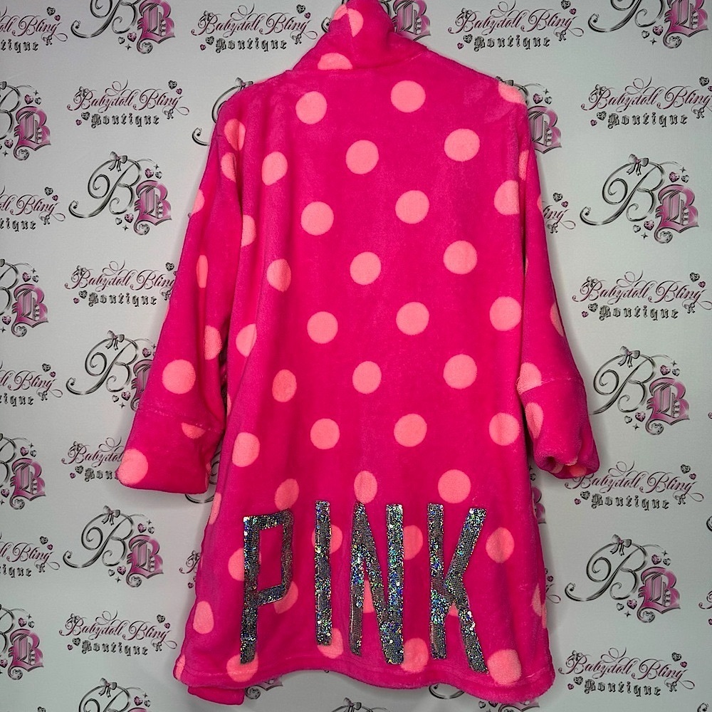 Victoria secret pink robe polka dot neon silver sequin holographic sparkle logo